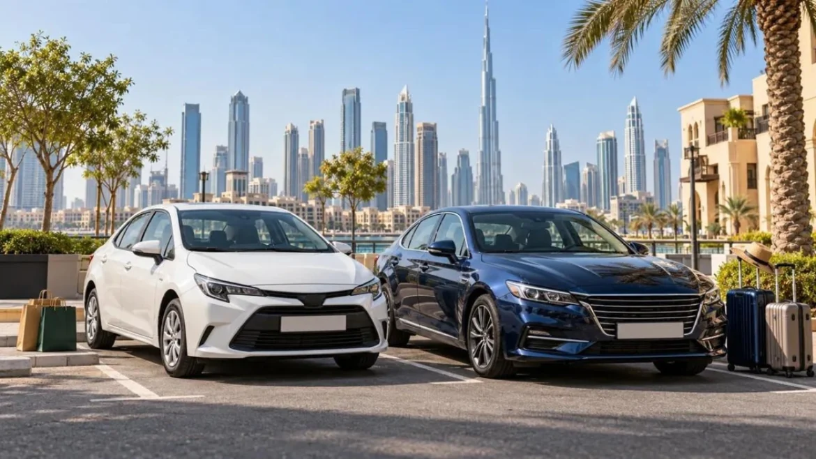 Two rental sedans parked side by side in a Dubai neighbourhood
